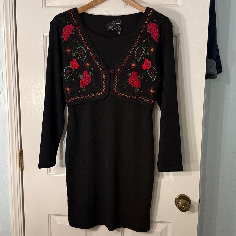 Carole Little Dress Black Petite embroidered sweater knee length bolero S SP 4